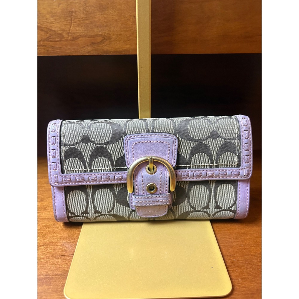 Coach Signature Jacquard‎ Buckle Flap Wallet Clutch With Metallic Trim